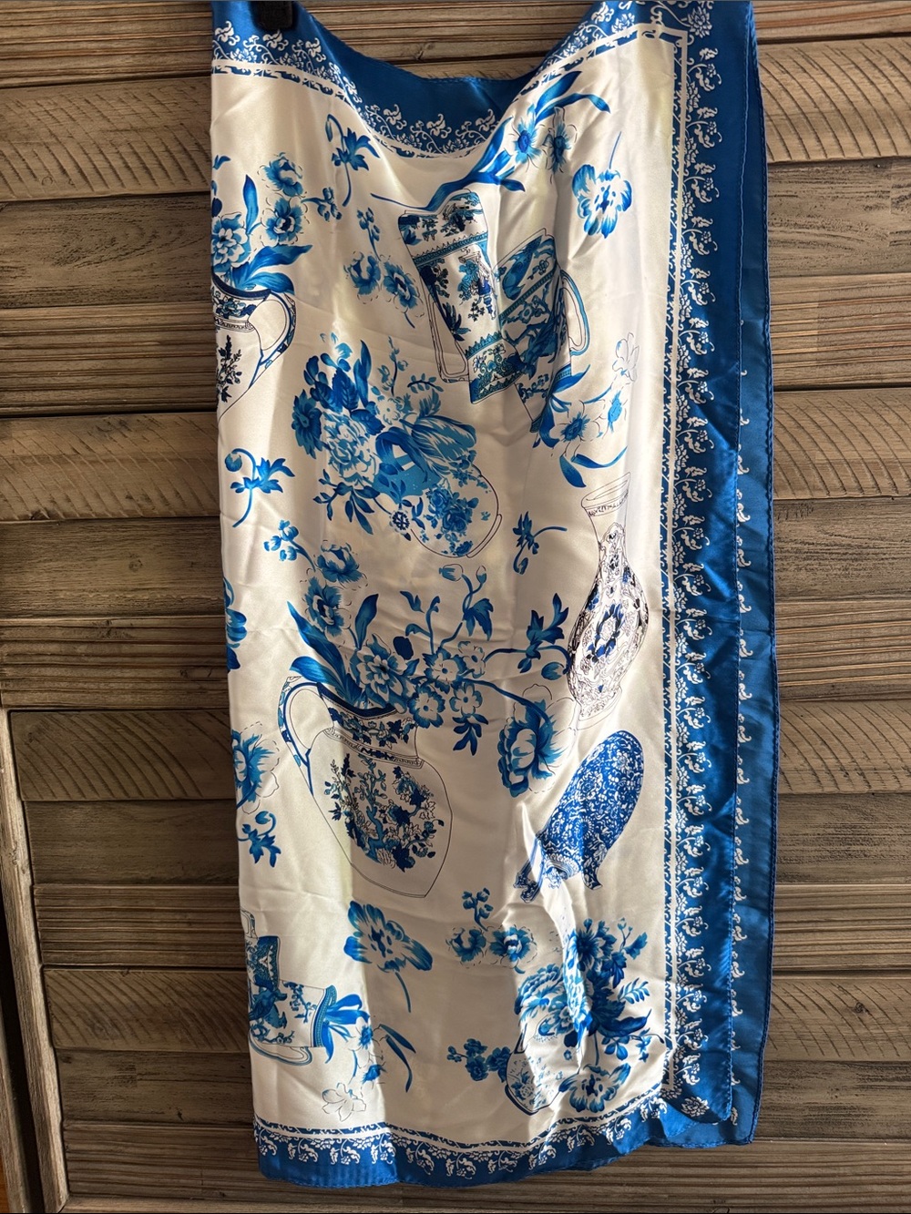 100% Silk Chinoiserie Scarf Blue & White Porcelain Print